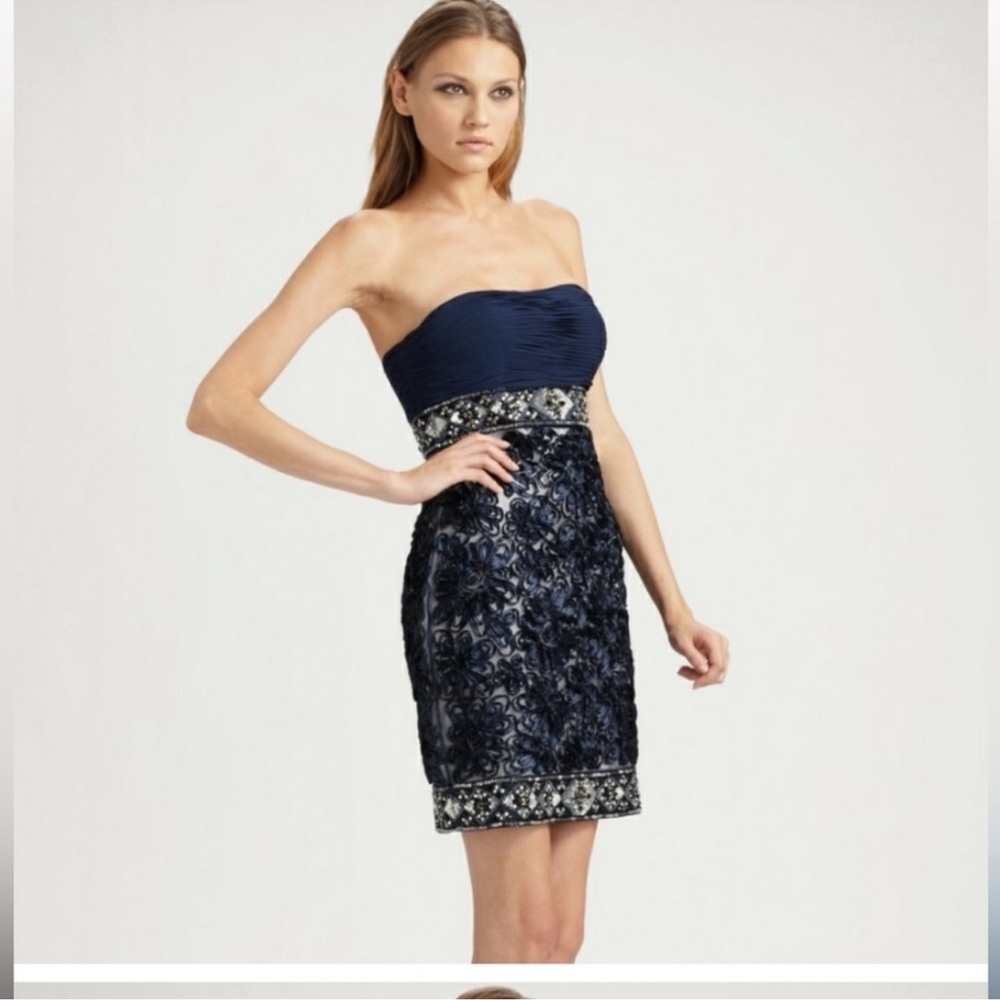 Sue Wong Beaded Soutache Ribbon Strapless Beaded 3D Floral Blue Dress Size 4
